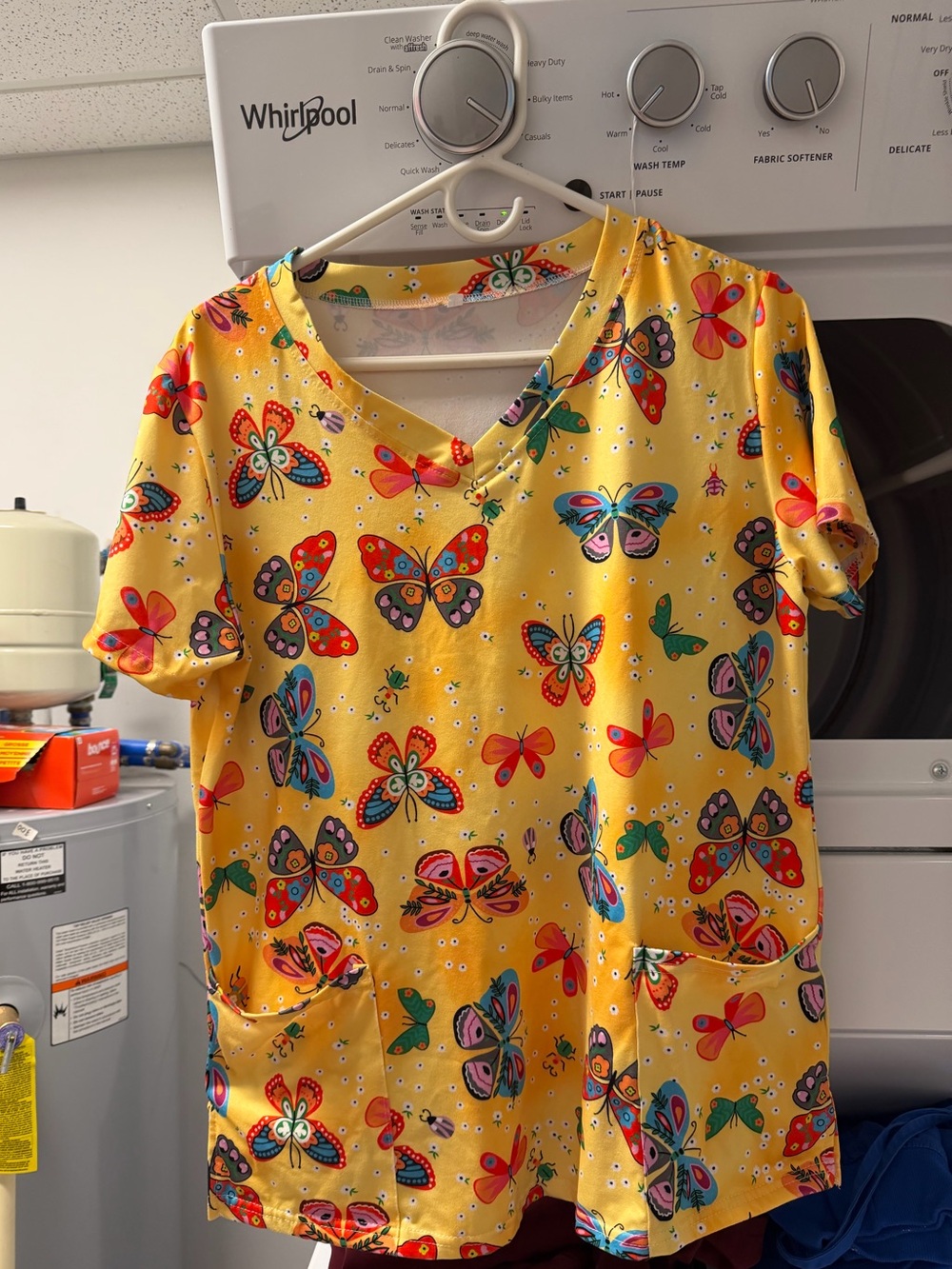 Women's Yellow Butterfly V-Neck Tunic Scrub Top